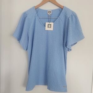 NWT Anne Klein Light Blue Textured Women's Flutter Sleeve Top, Size Large
